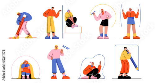 People create personal space, barriers, privacy or boundary to limit access and protect from outer world. Introvert characters drawing borders to stay in safe zone, Line art flat vector illustration