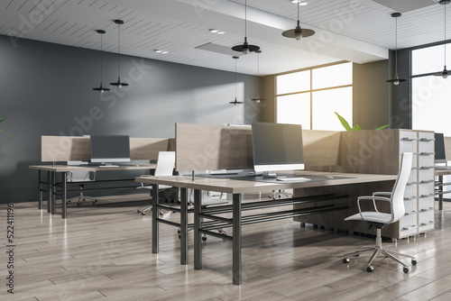 Luxury coworking office interior with window and city view, wooden flooring and sunlight. 3D Rendering. © Who is Danny