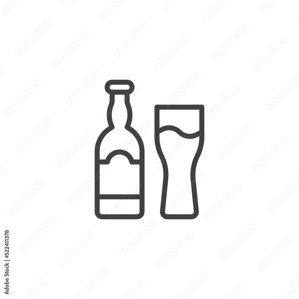 Beer bottle and glass line icon Beer bottle and glass line icon
