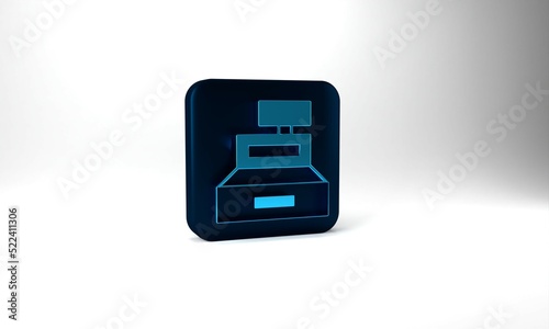 Blue Cash register machine with a check icon isolated on grey background. Cashier sign. Cashbox symbol. Blue square button. 3d illustration 3D render