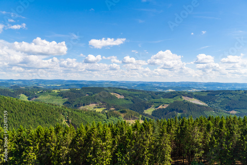 Landscape at Schomberg in Sauerland. Nature with forests and hiking trails near Sundern on the Lennegebirge. 