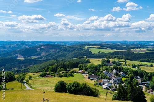 Landscape at Schomberg in Sauerland. Nature with forests and hiking trails near Sundern on the Lennegebirge.
