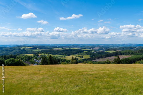 Landscape at Schomberg in Sauerland. Nature with forests and hiking trails near Sundern on the Lennegebirge. 