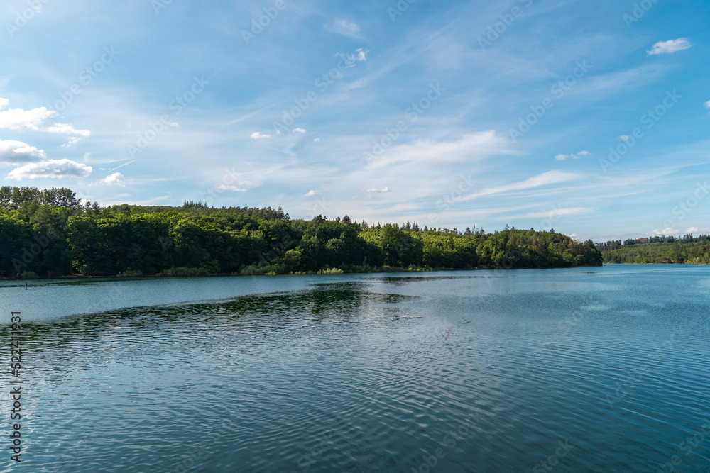 View of the Sorpesee in the Sauerland. Landscape with a lake and forests. Idyllic nature near Sundern.
