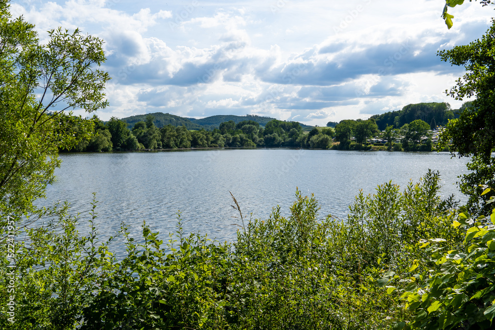 View of the Sorpesee in the Sauerland. Landscape with a lake and forests. Idyllic nature near Sundern.
