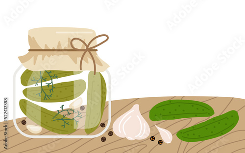 Pickled cucumber cooking. Jar preserved vegetables with ingredients for recipe, vegetables and spices on wooden table. Hand drawn sketch vector Food template for menu, sticker, recipe, farmers market.