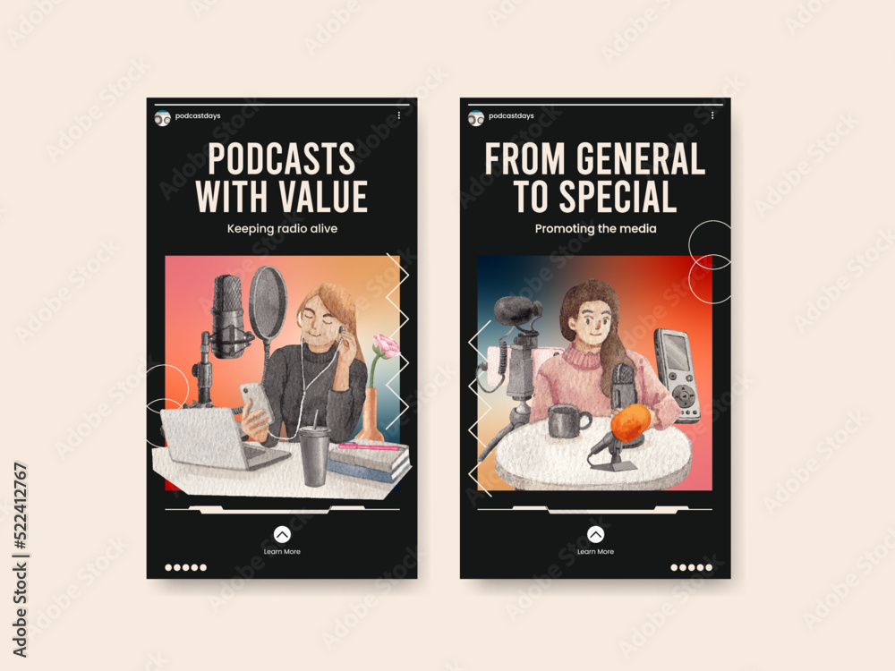 Instagram template with international podcast day concept,watercolor style