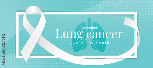 November Lung cancer awareness month text and lung sign in white frame with white ribbon rolling around on curve soft blue green background vector design