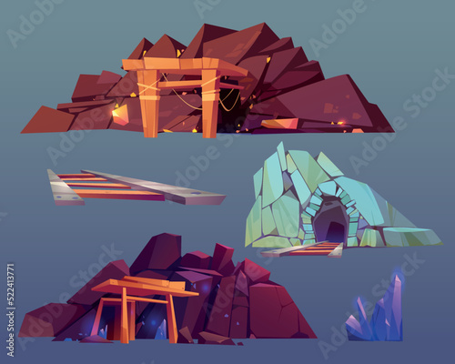 Mine entrances gold, emerald, amethyst, crystal caves or tunnels with wooden beams, railway, precious gem stone cluster and golden ingots. Isolated cartoon gui design elements, Vector illustration