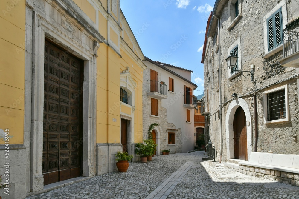 A narrow street in Cusano Mutri, a medieval village in the province of Benevento in Campania, Italy.