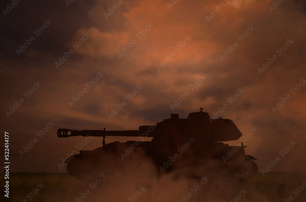 Naklejka premium Silhouette of tank on battlefield in night
