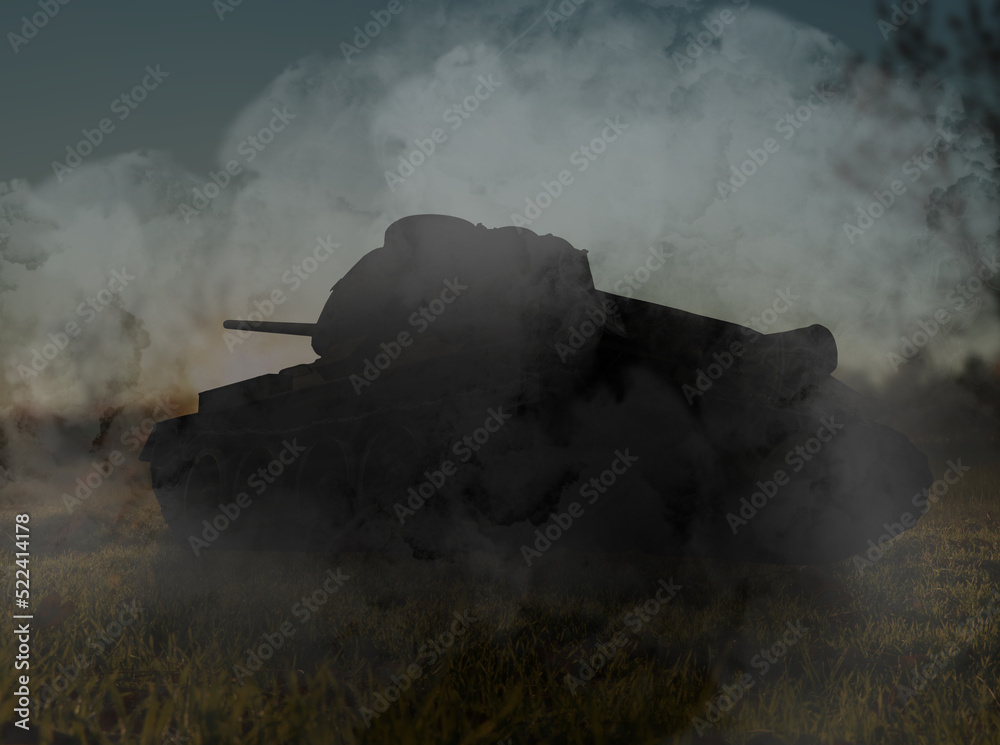 Naklejka premium Silhouette of tank on battlefield in night
