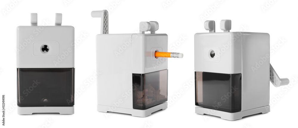 Set with mechanical rotary pencil sharpeners on white background. Banner design Set with mechanical rotary pencil sharpeners on white background. Banner design