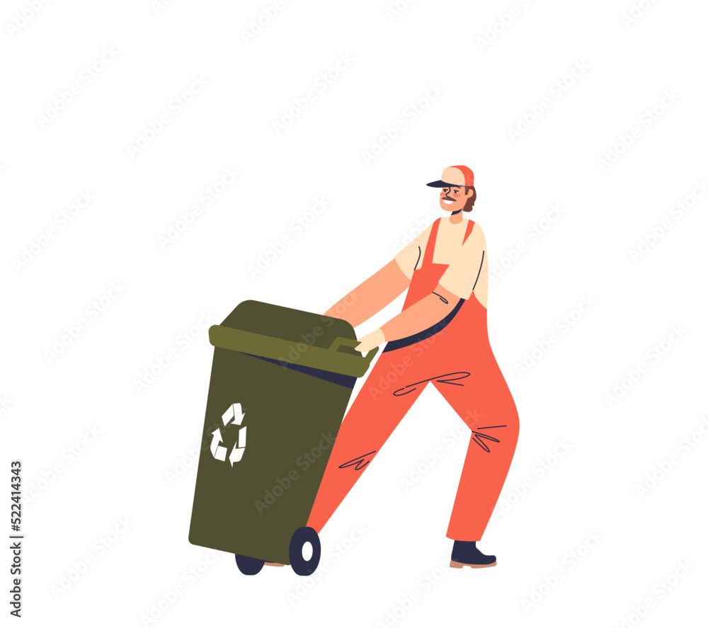 Janitor worker push litter bin, waste container for recycling. Sanitary worker collect garbage