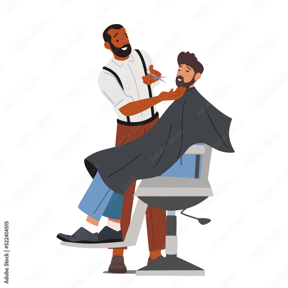 Men Beauty Salon, Barbershop. Bearded Male Character Sitting on Chair in Barber Shop with Hairdresser Cutting Beard Men Beauty Salon, Barbershop. Bearded Male Character Sitting on Chair in Barber Shop with Hairdresser Cutting Beard