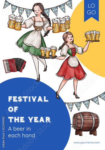 Poster template with oktoberfest festive concept,watercolor style