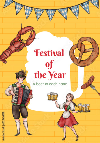Poster template with oktoberfest festive concept,watercolor style
