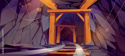 Mine tunnel inside view, cave with railway, rocks, stone shaft with wooden planks and arched beam construction. Cartoon game background, abandoned coal or gold mining quarry, 2d Vector illustration
