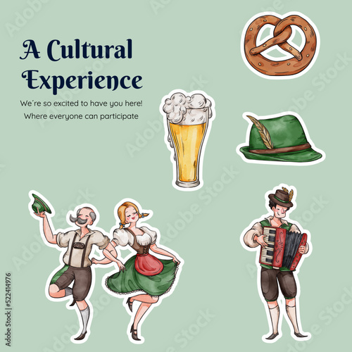 Sticker template with oktoberfest festive concept,watercolor style