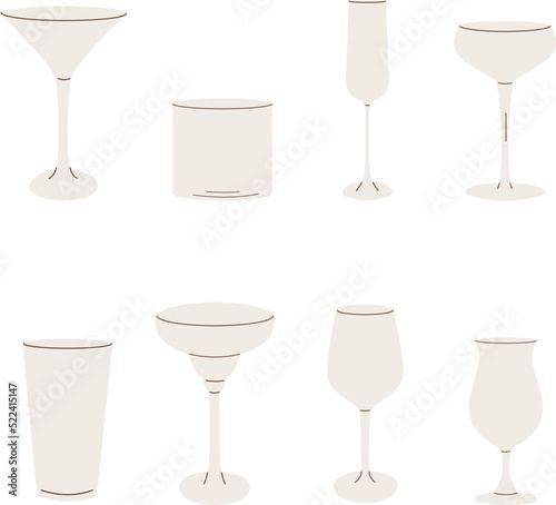 Vector set of cocktail glasses flat icons. Trendy modern simple style of different barware. Empty glassware for bar. Various glass for alcoholic beverages, drinks, juices and smoothies. 
