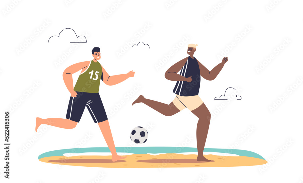 Young people play beach football. Happy men enjoy active game outdoors at sea during summer vacation Young people play beach football. Happy men enjoy active game outdoors at sea during summer vacation
