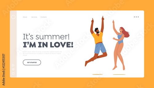 Characters in Swimwear Rejoice Landing Page Template. Jump. Happy People Jump with Hands Up, Celebrating Beach Party
