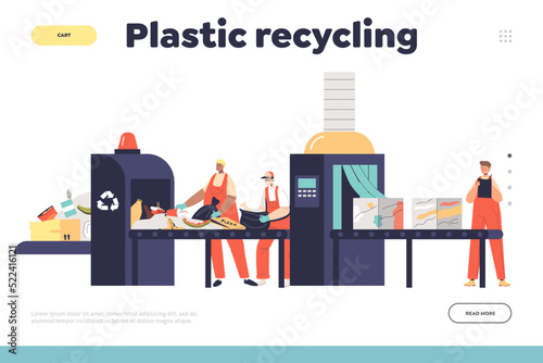 Plastic recycling concept of landing page with workers in uniform sort litter at garbage conveyor