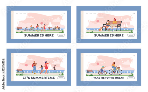 Family Outdoors Vacation Landing Page Template Set. Happy Characters Walking along Embankment with Seaview Landscape