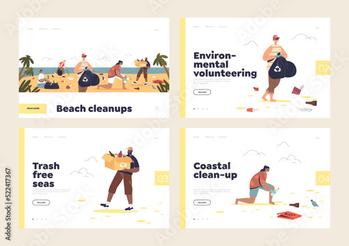 Clean beach and sea concept of landing pages set with people volunteers pick litter waste at coast