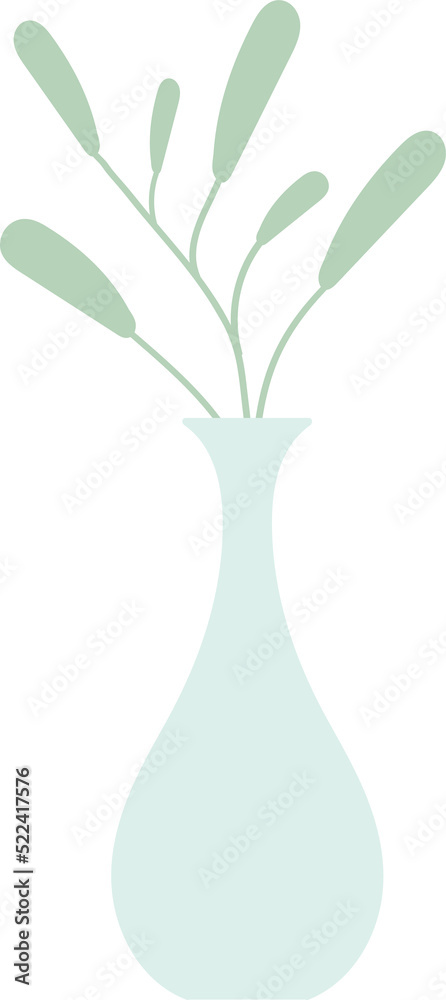 Vase and leaves green color, Flat style vase, minimal design