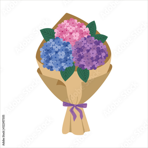 Bouquet of pink, blue hydrangeas in craft packaging. Beautiful blooming flowers for congratulation. Holiday present. Hand drawn vector illustration isolated on white background. Flat cartoon style.