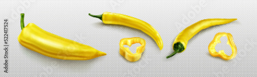 Yellow chili pepper with slices, hot cayenne isolated on transparent background. Fresh chopped chile pepper, mexican spicy vegetable, vector 3d illustration
