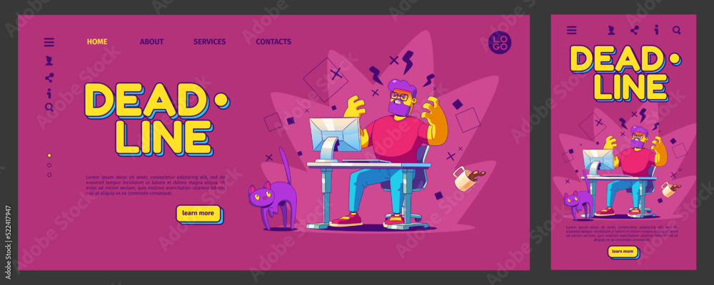 Deadline banner with angry man work on computer. Vector responsive website design with busy and tired employee or freelancer character on workplace, vector illustration in contemporary style