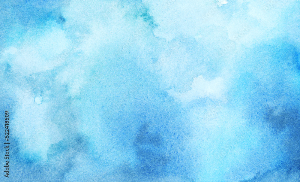 Hand painted watercolor blue background with abstract cloudy sky concept with color splash design. Texture grunge, soft fog.