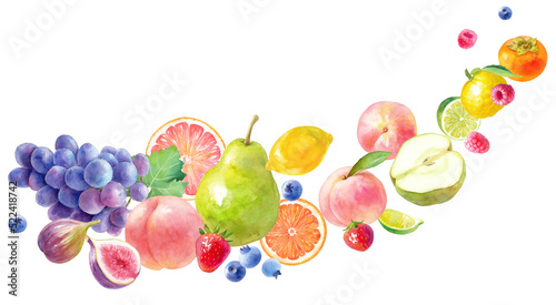 Fototapeta Naklejka Na Ścianę i Meble -  色々なフレッシュフルーツの水彩イラスト。流れるようなフルーツの集合。バナー装飾。（透過背景）