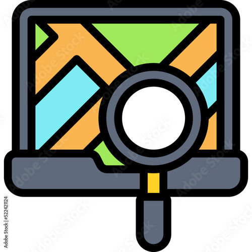 Route finding on laptop screen icon, location map and navigation vector
