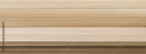 Kitchen wooden table top on background of plank wall. Empty bar counter, desk or shelf from light wood board and wall surface from timber panels, vector realistic mockup illustration