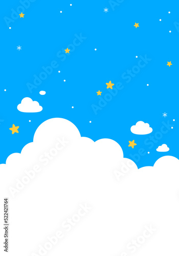 Fototapeta Naklejka Na Ścianę i Meble -  Sky with clouds, stars. White and blue background. Romantic kawaii design. Cute sky graphic. Cloudscape