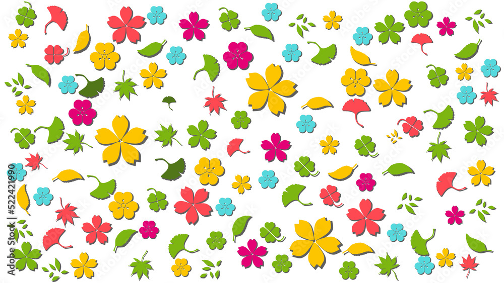 seamless aesthetic pattern with colorful flowers and leaves illustration. Transparent png background 