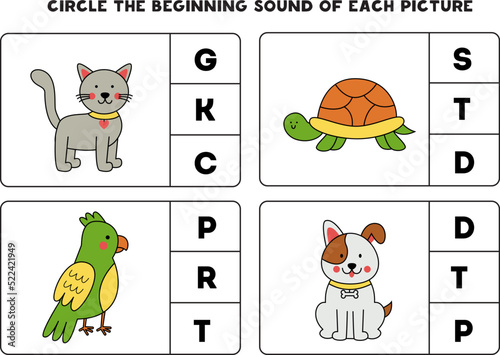Worksheet for kids. Find the beginning sound of cute pets.