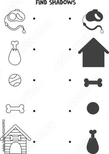 Find the correct shadows of black and white dog accessories. Logical puzzle for kids.