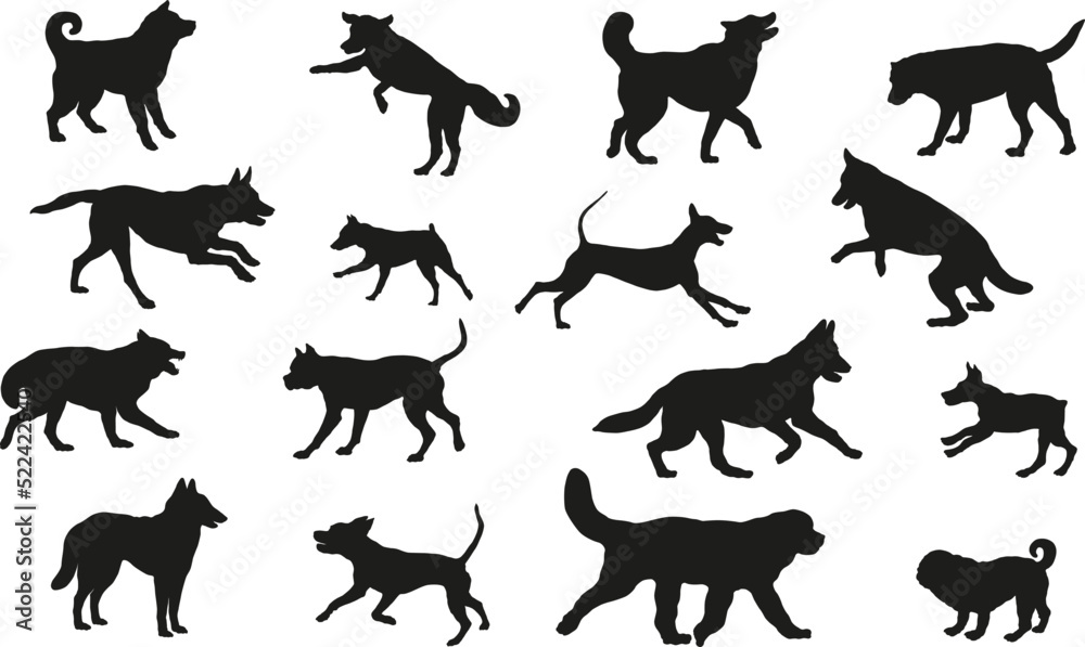 Group of dogs various breed. Black dog silhouette. Running, standing, walking, jumping dogs. Isolated on a white background. Pet animals. Vector illustration.