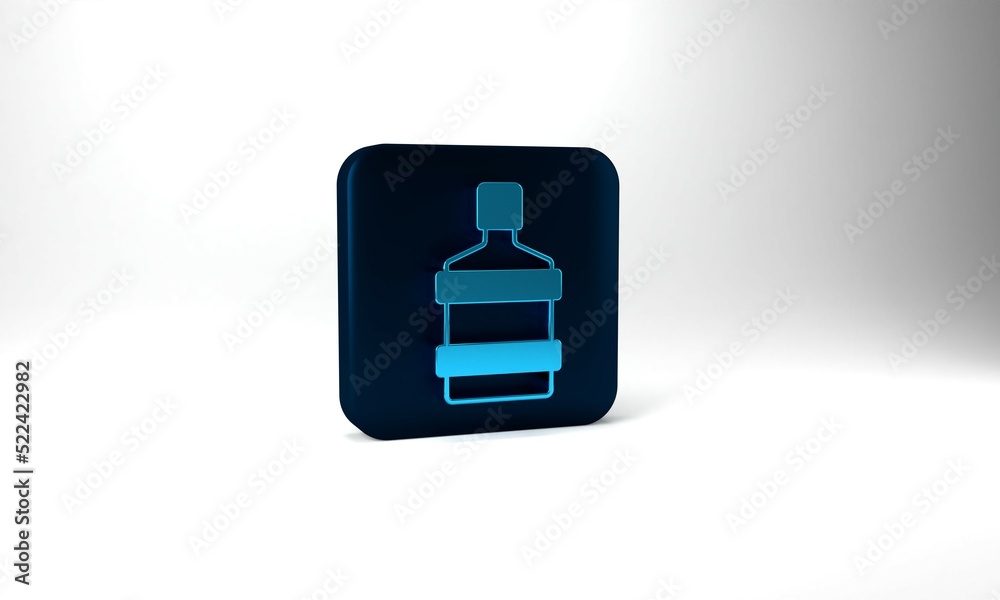 Blue Big bottle with clean water icon isolated on grey background. Plastic container for the cooler. Blue square button. 3d illustration 3D render Blue Big bottle with clean water icon isolated on grey background. Plastic container for the cooler. Blue square button. 3d illustration 3D render