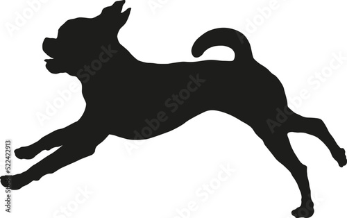 Running and jumping petit brabancon puppy. Black dog silhouette. Pet animals. Isolated on a white background. Vector illustration.