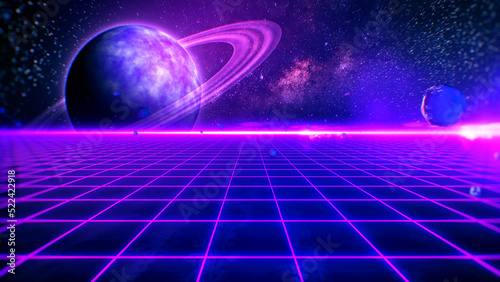Futuristic retro landscape and space for 80s background, 3d rendering