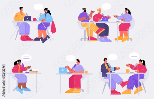 People record audio podcast in studio, take interview for radio broadcast. Vector flat illustration of characters in headphones with microphones talk in online stream