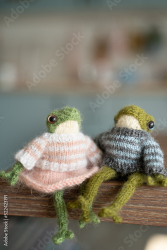 two knitted frogs on the table © Evgenia Tiplyashina