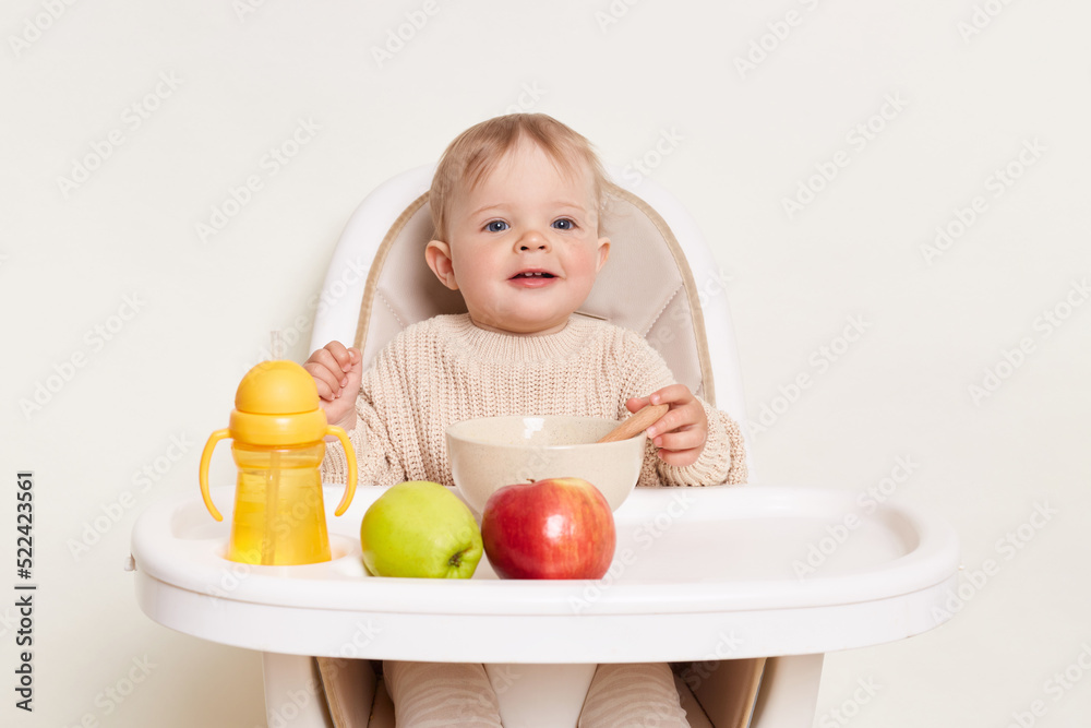 Indoor shot of excited charming baby wearing beige sweater sitting in a child's chair and looking with interest and positive expressing, kid posing isolated on a white background during breakfast. Indoor shot of excited charming baby wearing beige sweater sitting in a child's chair and looking with interest and positive expressing, kid posing isolated on a white background during breakfast.