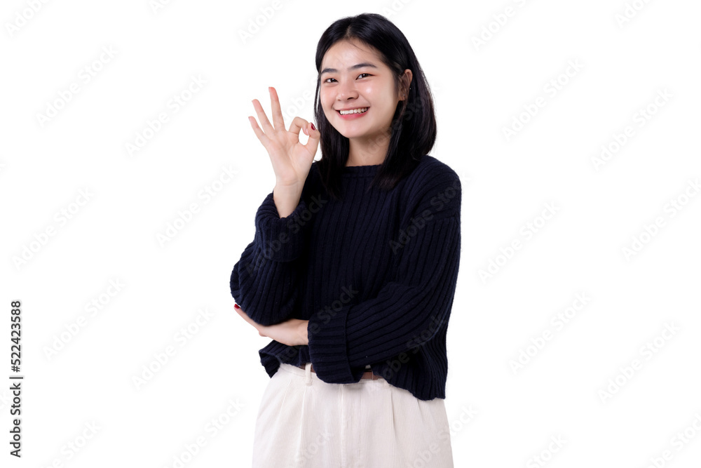 Portrait of a Young modern Asian woman showing ok hand sign and looking ...