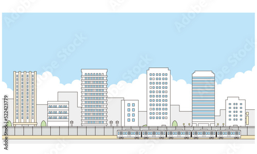 街並みと路線電車のイラスト素材。